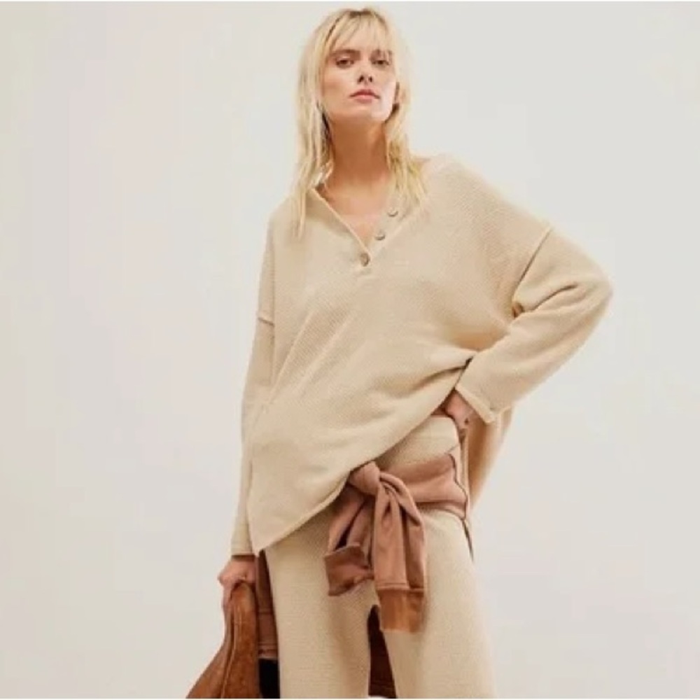FREE PEOPLE Beach Hailee Sweater Cream Neutral Waffle Weave Relaxed Fit S Casual